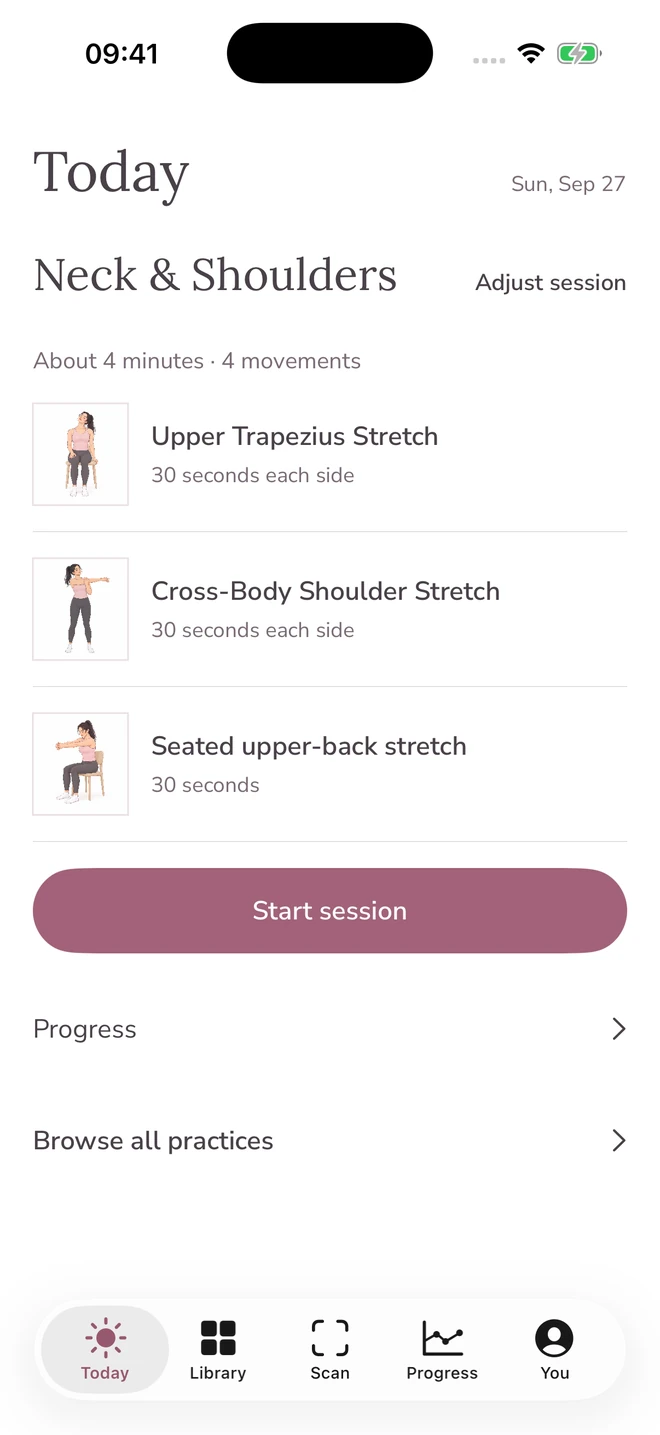 Unknot’s iPhone Today screen showing a recommended routine, movement previews and the Start session button.