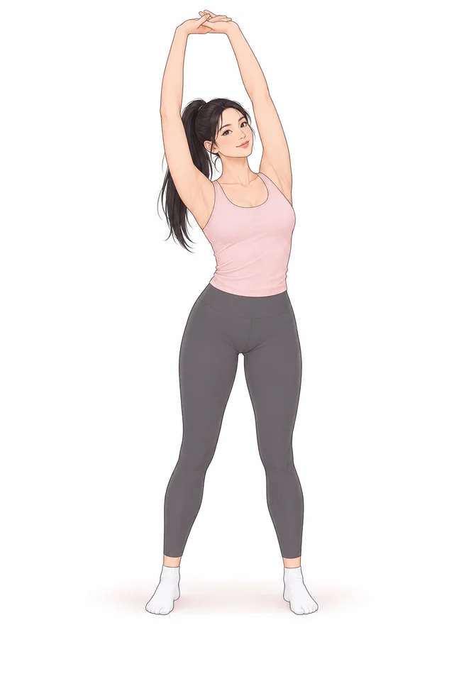 Illustrated woman reaching overhead in Unknot’s movement art style