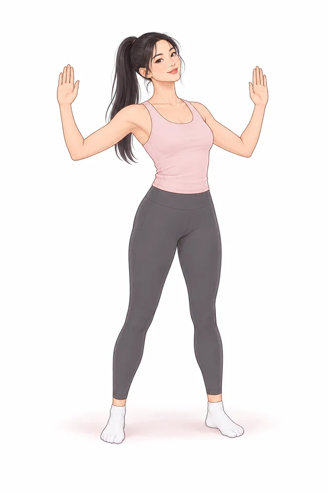 Illustrated woman lifting her bent arms beside her shoulders