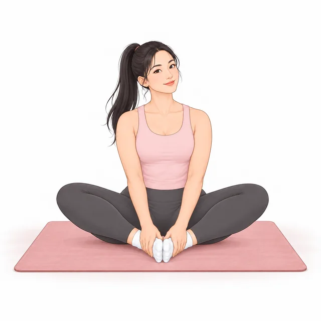 Illustrated woman taking a standing side stretch in a pink tank and charcoal leggings